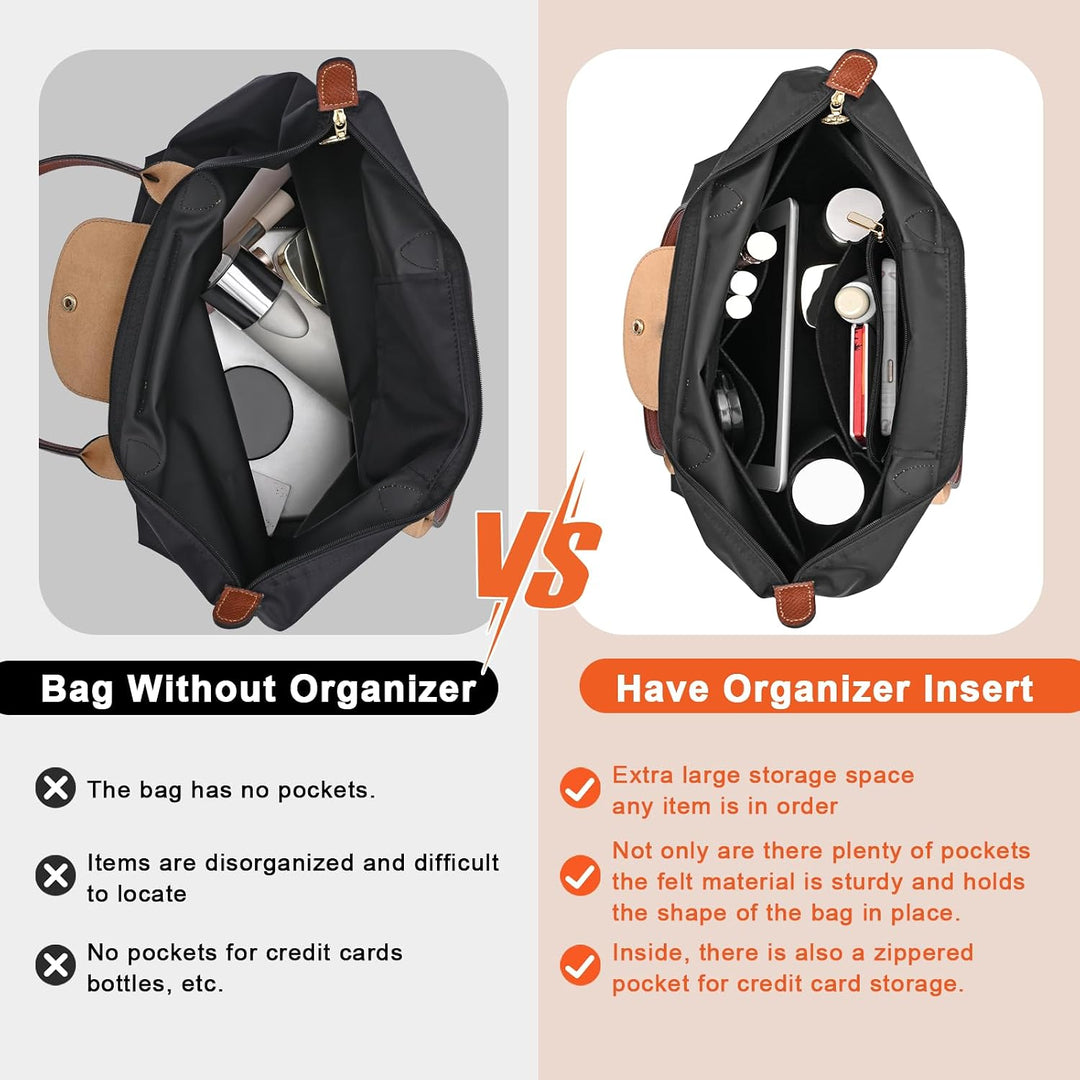 LOUKAYCCI Filz-Organizer-Handtascheneinsatz für Longchamp Le Pliage M, Grösse M, Schwarz