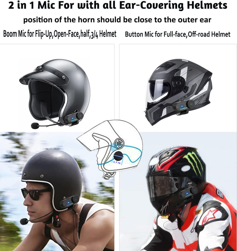 FreedConn Motorradhelm, Bluetooth, TCOMVB, Dual-Way 800M, 2 Stück Helm-Gegensprechanlage, Headsets f