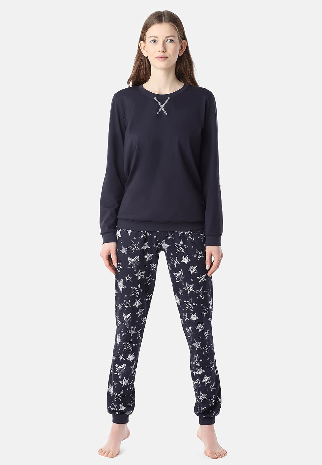 Merry Style Damen Schlafanzug aus Baumwolle Pyjama Nachtwäsche Set MS10-168 S Marineblau-silberne St
