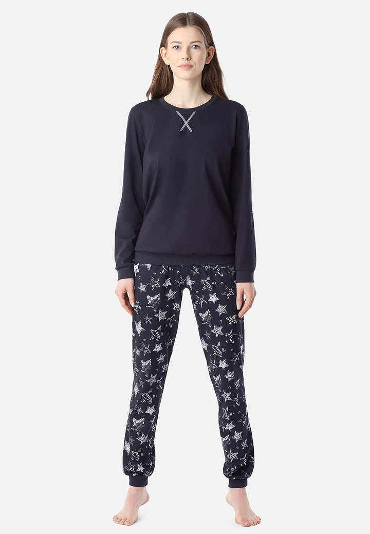 Merry Style Damen Schlafanzug aus Baumwolle Pyjama Nachtwäsche Set MS10-168 S Marineblau-silberne St