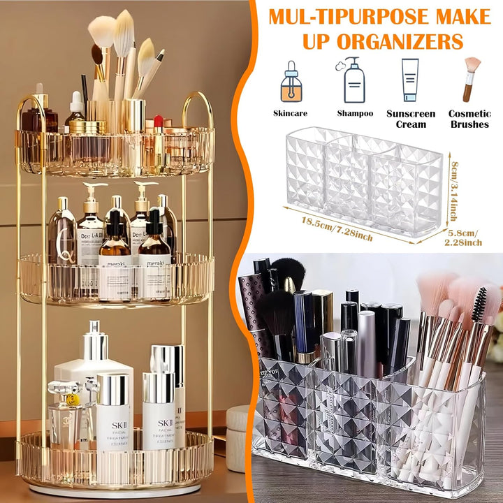 360° Drehbar Kosmetik Organizer, 3 Ebenen Make Up Schmink Organizer, Beauty Kosmetik Aufbewahrung Or