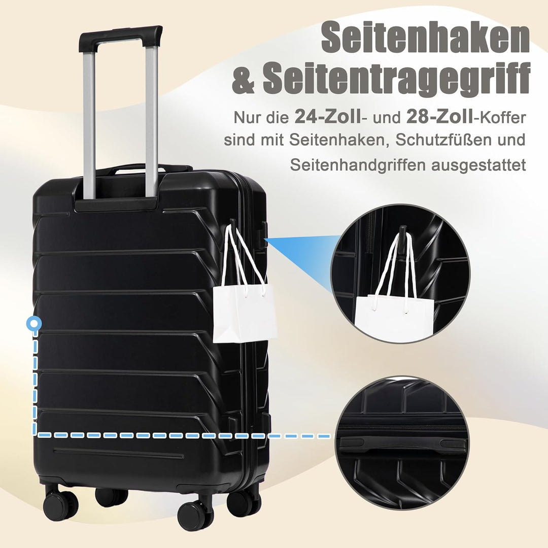 Hartschalen-Koffer Trolley Handgepäck Rollkoffer, Reisekoffer Set mit 4 Rollen, 4er Gepäckset Schwar