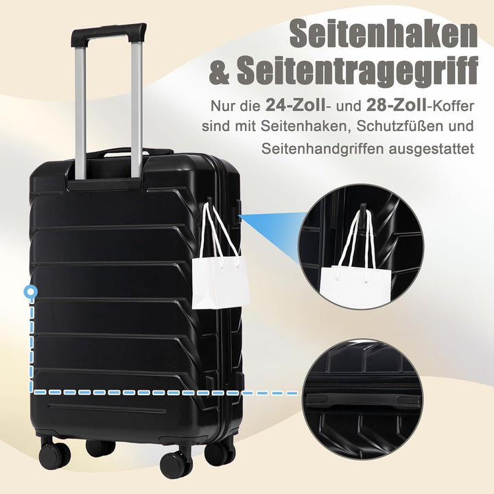 Hartschalen-Koffer Trolley Handgepäck Rollkoffer, Reisekoffer Set mit 4 Rollen, 4er Gepäckset Schwar