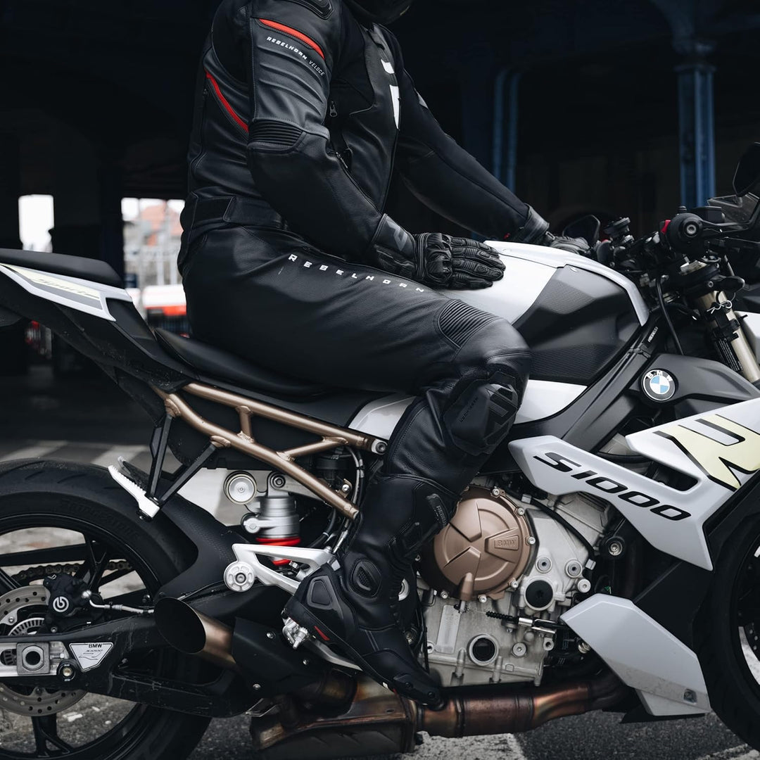 REBELHORN Veloce Motorradhose Herren | Leder | Knie und Hüftprotektoren Stufe 2 | Knieschieber | 2 B