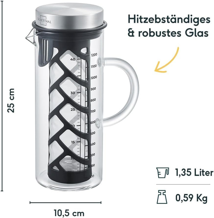 SILBERTHAL Kaffeebereiter Glas 1.3l - Cold Brew Coffee Maker mit Filter für kaltgebrühten Kaffee ode