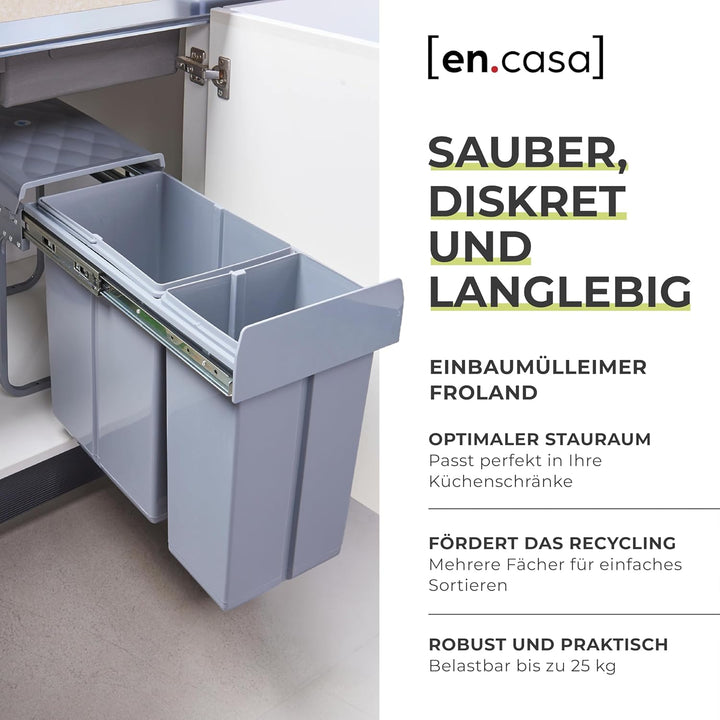 [en.casa] Einbau-Mülleimer Froland Abfallsortierer Ausziehbarer Müllsammler 2 Herausnehmbare Fächer