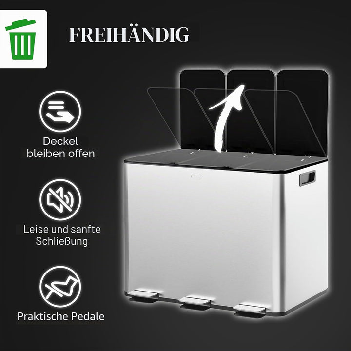 HOMCOM Küchenabfalleimer 3 x 10 l, Abfalltrennsystem aus Edelstahl, 3 Fächer, Pedal, herausnehmbare