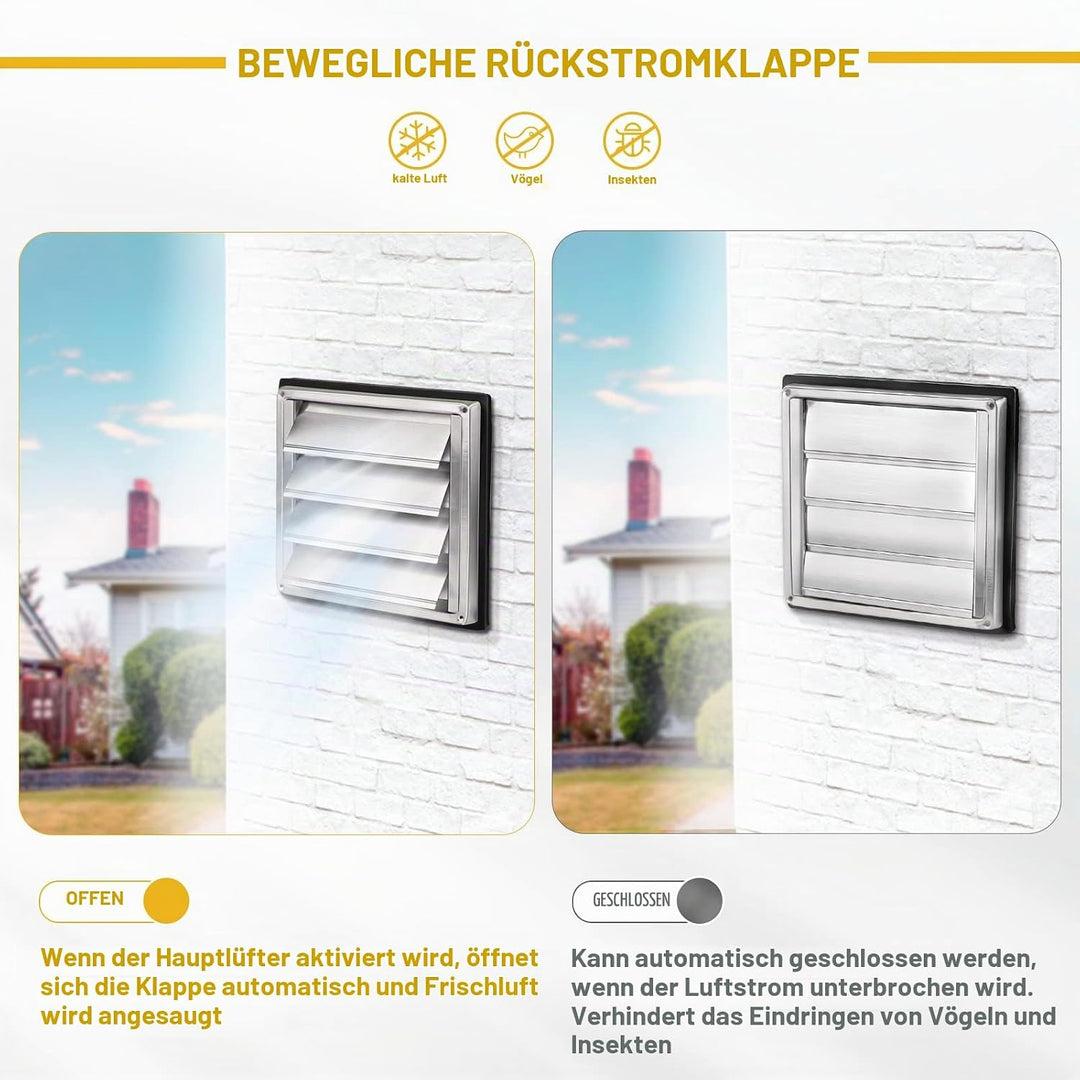 LALAGO Lüftungsgitter 125mm, Rückstauklappe Wetterschutzgitter Edelstahl mit beweglichen Lamellen, L