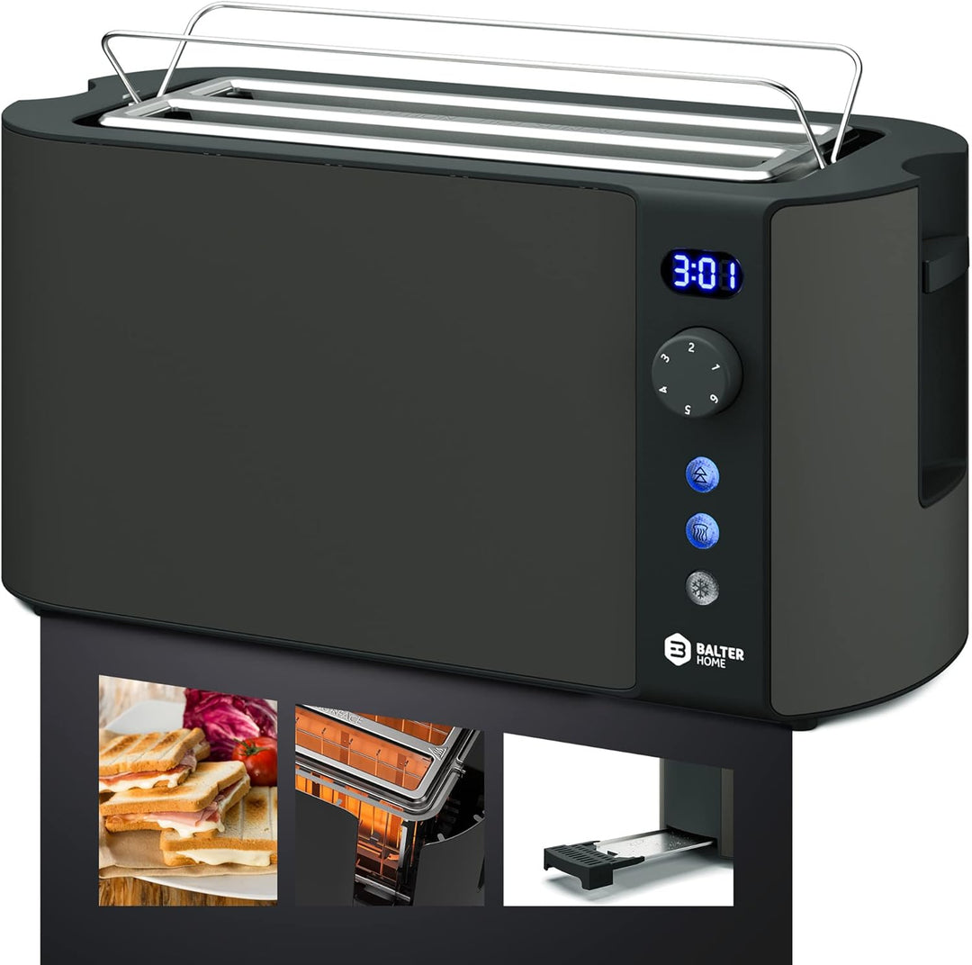 Balter Toaster 4 Scheiben, Langschlitz, Edelstahl, Brötchenaufsatz, LCD Display mit Restzeitanzeige,
