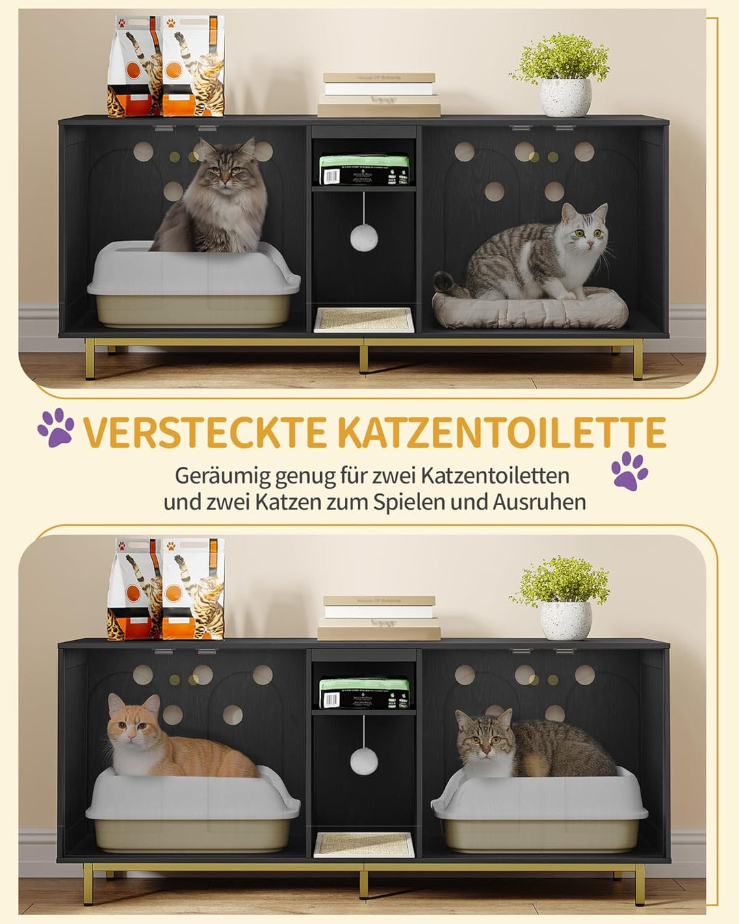 Hzuaneri Katzenschrank für 2 Katzen, Katzenklo Schrank, Katzenhaus Versteckt mit Doppelräumen, Mit S