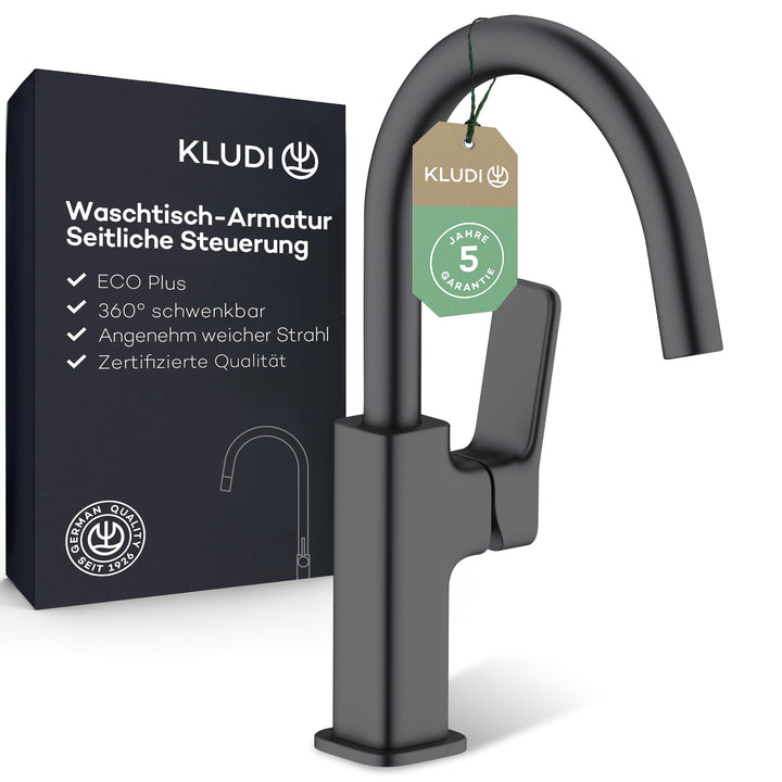 KLUDI-X3 Waschtischarmatur, 360° schwenkbar, Auslaufhöhe 180 mm, wassersparender Wasserhahn Bad Schw