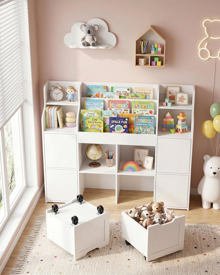 Kinder Bücherregal mit 2 Boxen Weiss Schmal Montessori Spielzeugregal für Kinderzimmer Aufbewahrung