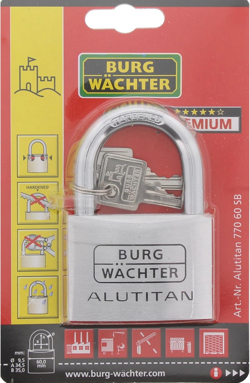 Burg-Wächter Vorhangschloss Alutitan, Aluminium, Innenwerk rostfrei, Doppelt gesichert, 770 60 SB 60