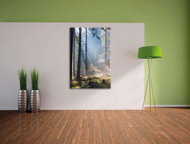 Sonnenstrahlen im Wald, Format: 100x70 auf Leinwand, XXL riesige Bilder fertig gerahmt mit Keilrahme