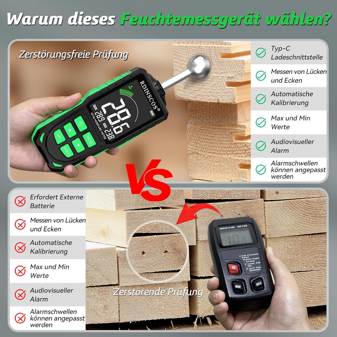 RDINSCOS Kugelform Feuchtigkeitsmessgerät Wand & Holz, Farb-LCD & Akustischer Alarm, Feuchtigkeitsme