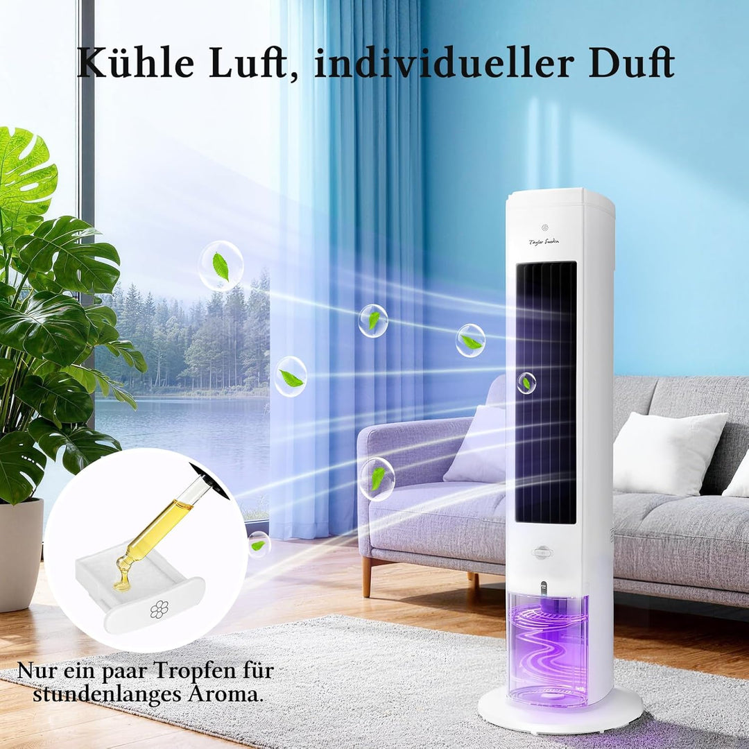 Taylor Swoden Turmventilator mit Wasserkühlung leise, 5-in-1 Luftkühler mit ION-Technologie & Aromad