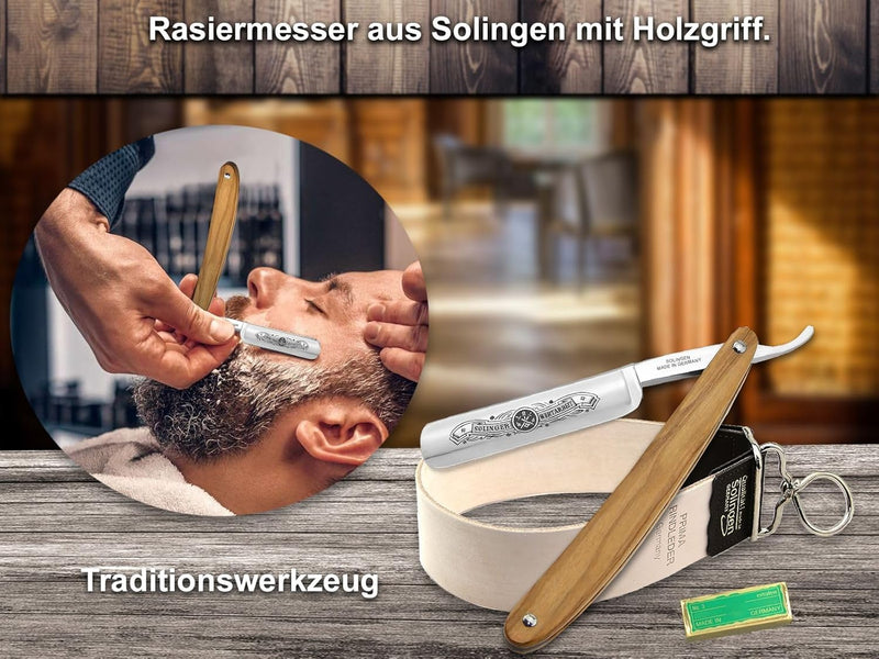 Profi Rasiermesser-Set Made in Germany Streichriemen Schärf Paste und Olivenholz Bartmesser aus Soli