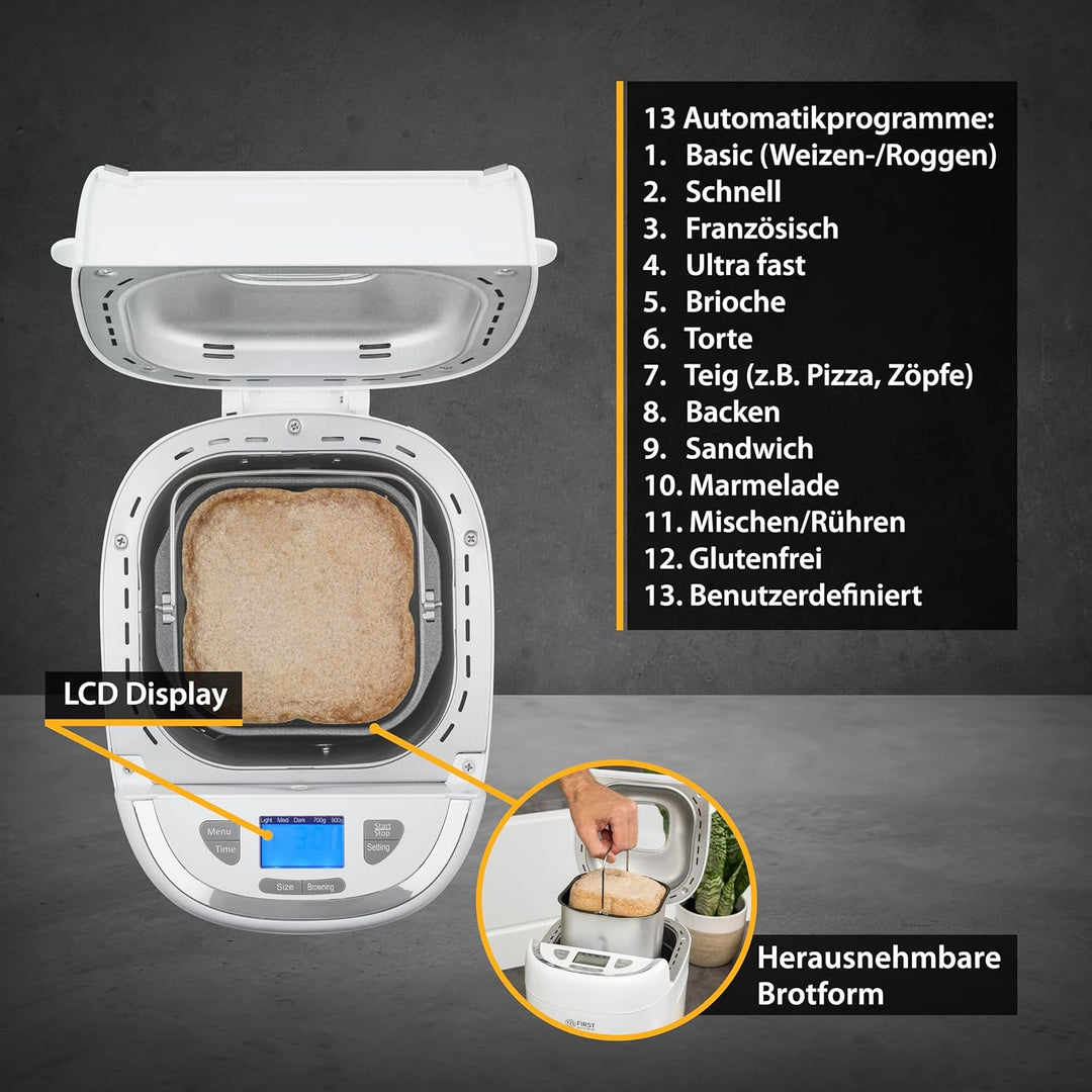 TZS First Austria multifunktionaler Brotbackautomat |13 Programme|individuelle Teigmenge |einstellba