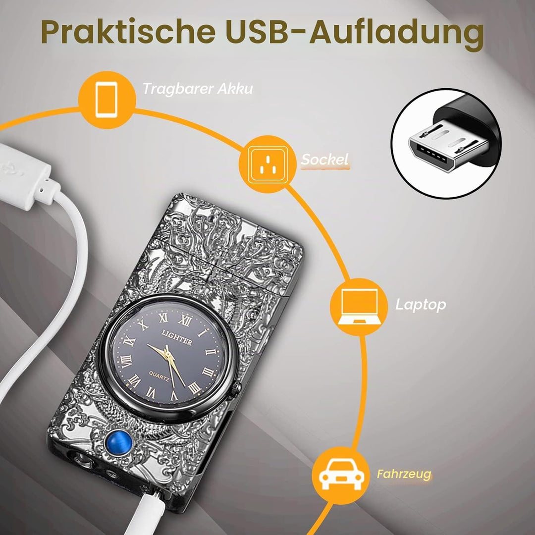 RSBYE Feuerzeug Elektrisch, Lichtbogen Feuerzeug mit Uhr, Plasma Feuerzeug, USB Feuerzeuge Wiederauf