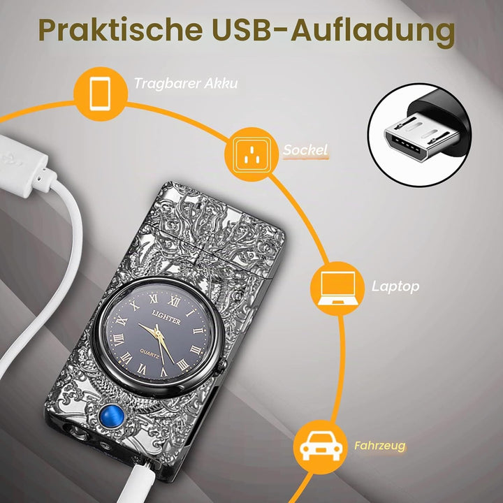 RSBYE Feuerzeug Elektrisch, Lichtbogen Feuerzeug mit Uhr, Plasma Feuerzeug, USB Feuerzeuge Wiederauf