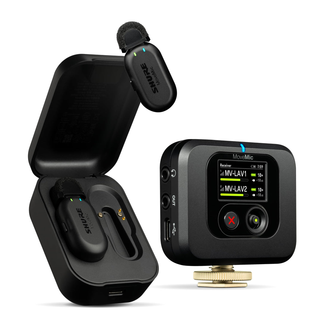 Shure MoveMic Two Set-Profi Funk-Ansteckmikros mit Empfänger für Kamera, iPhone, Android, Mac & PC,