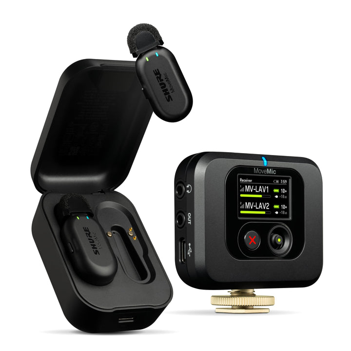 Shure MoveMic Two Set-Profi Funk-Ansteckmikros mit Empfänger für Kamera, iPhone, Android, Mac & PC,