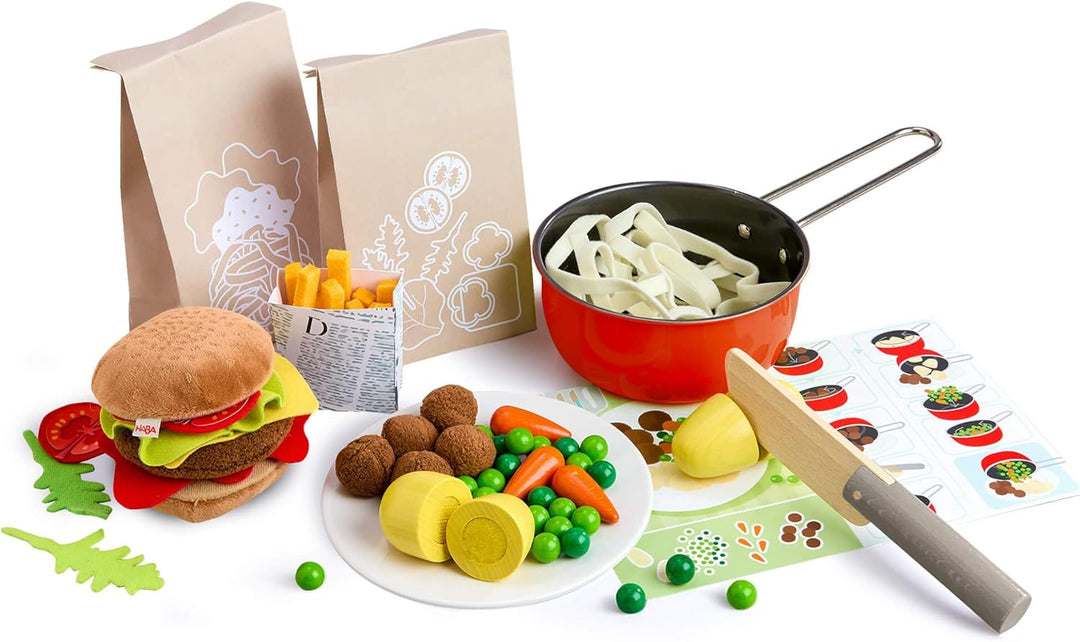 HABA Creative Play – Fresh Box Kochbox – Spielzeug-Lebensmittel aus Holz & Stoff, mit Rezeptkarten z