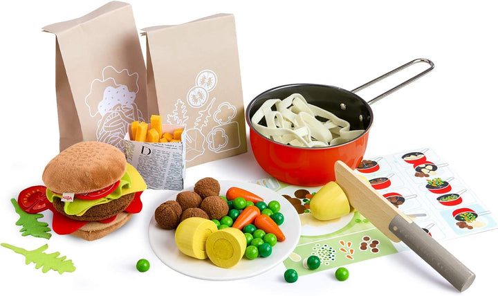 HABA Creative Play – Fresh Box Kochbox – Spielzeug-Lebensmittel aus Holz & Stoff, mit Rezeptkarten z