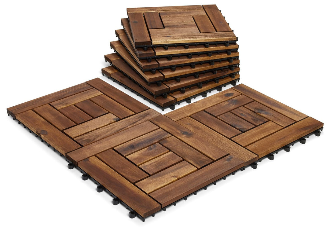 6 x Holzfliesen aus Akazien-Hartholz, ineinandergreifend, 10 Lamellen Terrasse, Garten, Balkon, Whir