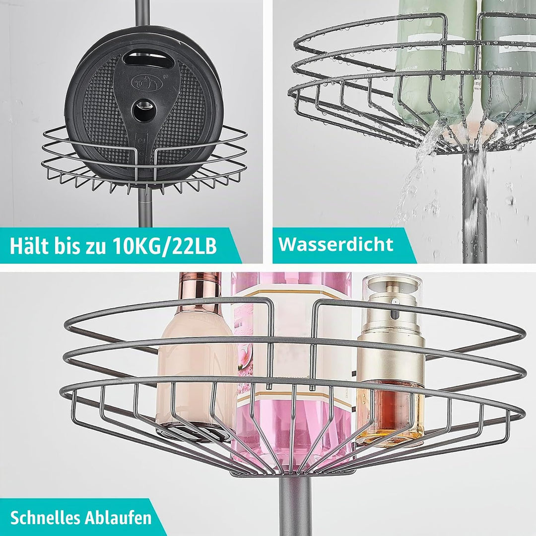 Teleskop Duschregal, Duschregal Ohne Bohren mit 4 Körben, Metall Verstellbares Eckregal für die Dusc