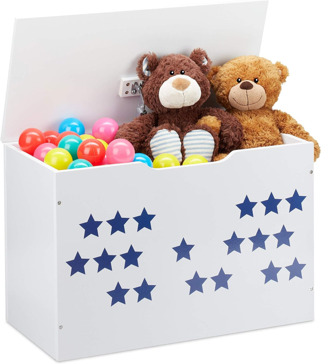 Relaxdays, weiss/blau Spielzeugtruhe mit Deckel, Aufbewahrung für Kinder, Stern Design, Spielzeugkis