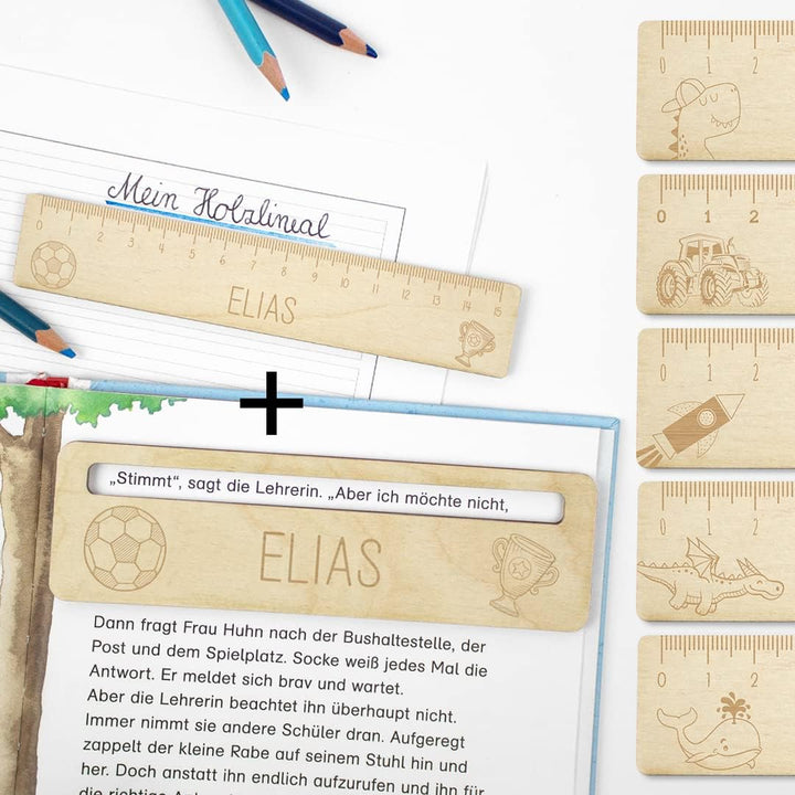 Dein Lieblingsteil Lineal Jungs Lesehilfe Kinder personalisiert (Set Lineal + Lesehilfe Dino), Set L