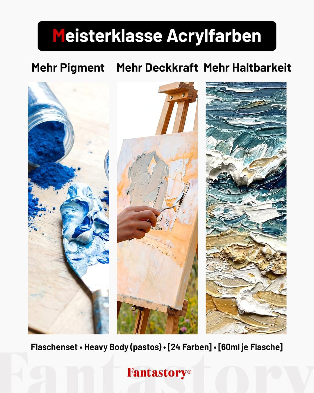 Fantastory Acrylfarben Set 24x 60ml,12 Pinsel;Exzellente Deckkraft,hohe Lichtechtheit,wasserfest Acr