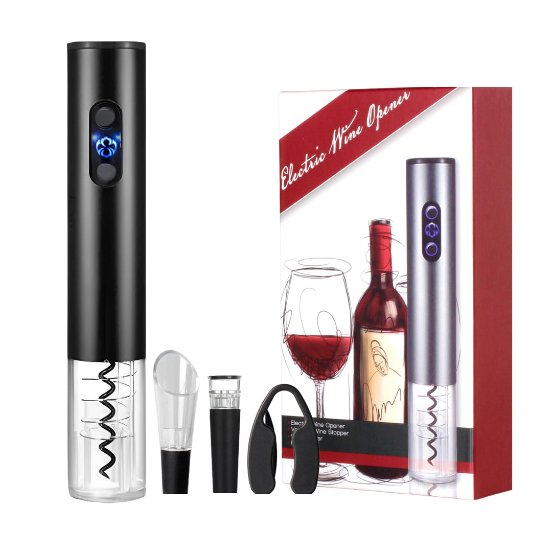Elektrischer Korkenzieher Wein. Weinöffner mit Folienschneider, Weinausgiesser, Vakuumstopfen. Autom