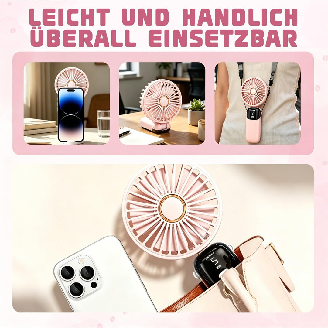 Handventilator Mini tragbarer USB-Lüfter, 5 Geschwindigkeitsstufen mit Halfter und Basis, klappbar f