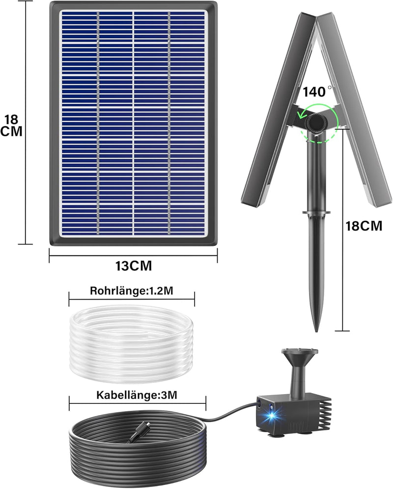 Biling Solar-Springbrunnen mit Panel, Wasserpumpe für Vogelbad, 3.5W Solar-Wasserbrunnen mit 4ft Was
