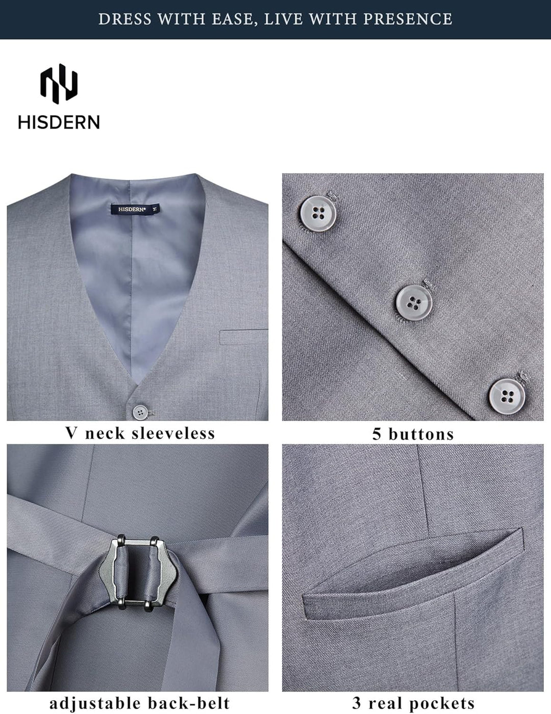 HISDERN Herren Formale Hochzeit Party Weste Baumwolle Einfarbig Weste XS Hellgrau, XS Hellgrau