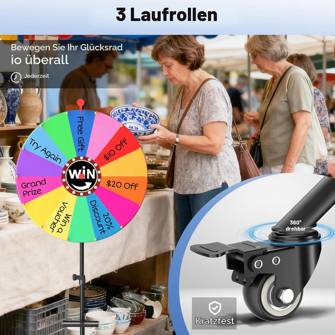 61 cm Glücksrad, 14 Farben Abnehmbarer Drehendes Preisrad mit 360°-Drehrollen, EMART Glücksrad zum D