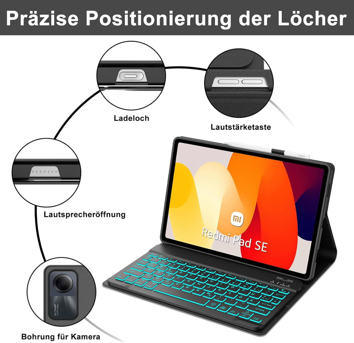 IVEOPPE Tastatur Hülle für Xiaomi Redmi Pad SE 11'', Deutsches QWERTZ-Layout, 7-Farbige Beleuchtung