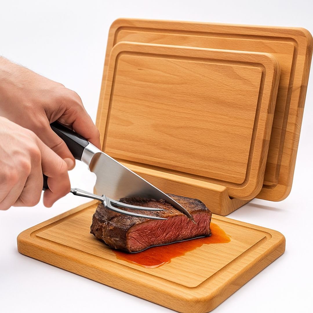 3er Schneidebrett Set - Made in EU,mit Ständer in Premium Qualität Buche, Grösse 27/30/40 cm, Küchen