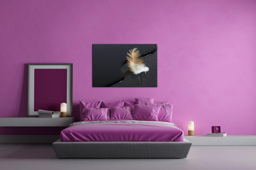 deyoli schöne Feder mit Wassertropfen im Format: 80x60 als Leinwandbild, Motiv fertig gerahmt auf Ec