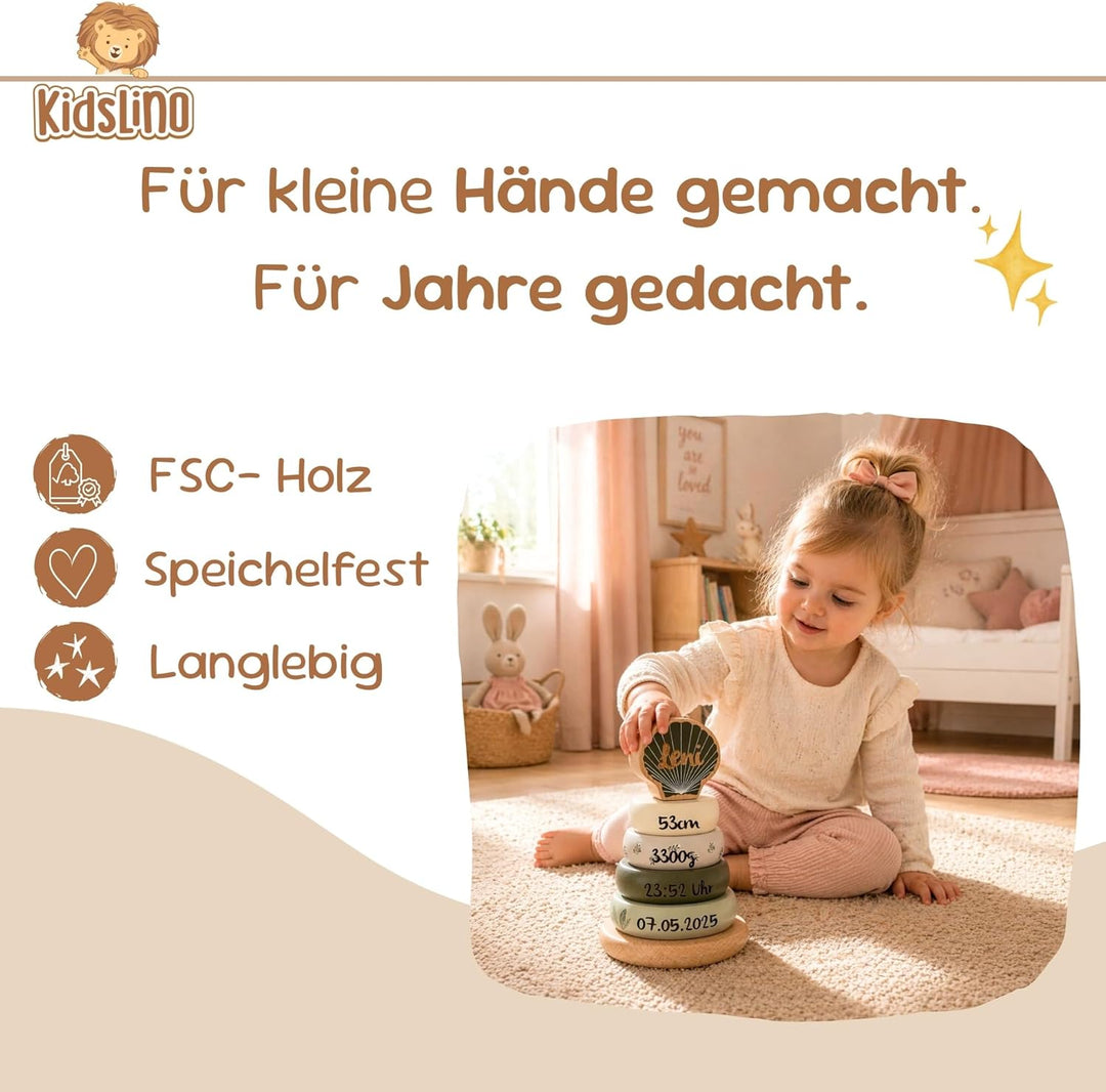 Personalisierbarer Holz-Stapelturm Olive – fördert Feinmotorik & Koordination – für Kinder ab 12 Mon