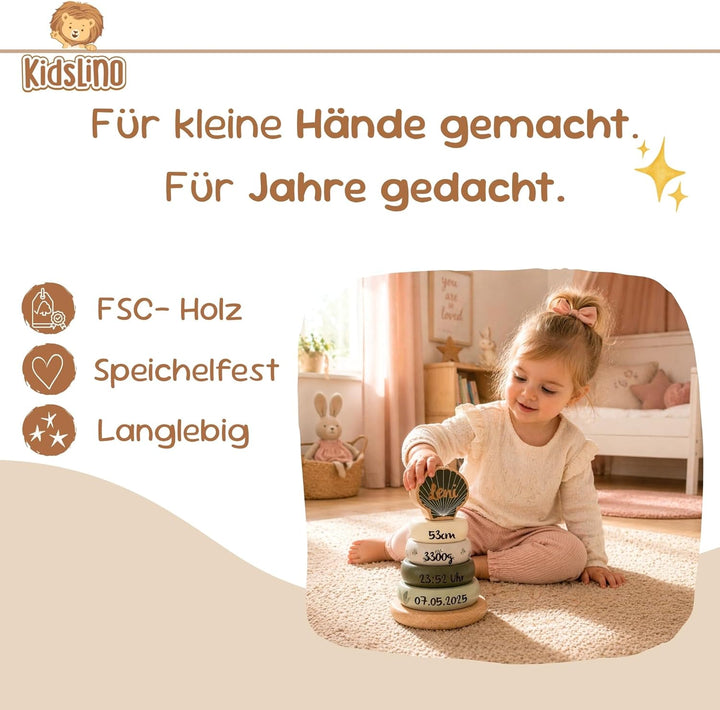 Personalisierbarer Holz-Stapelturm Olive – fördert Feinmotorik & Koordination – für Kinder ab 12 Mon