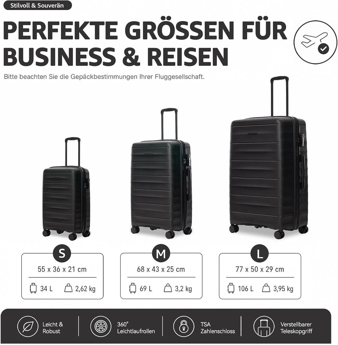 Mariner PP-Kofferset 2-teilig M+L, 360°-Doppelrollen, Carbon Black | M 68 cm und L 77 cm, hochwertig
