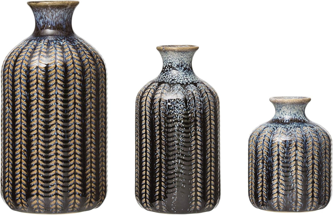 Creative Co-op Vase mit Prägung aus Steingut, reaktiv, glasiert, 3 Grössen, Blau