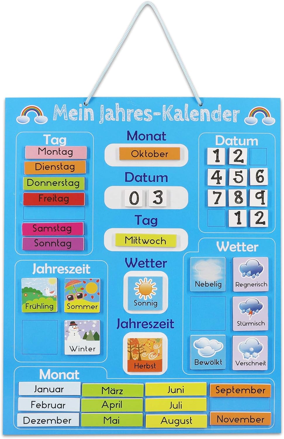 Navaris Kalender Tafel für Kinder - Lerntafel Jahreszeiten Uhr - Magnet Spiel Lernuhr - Kinderkalend