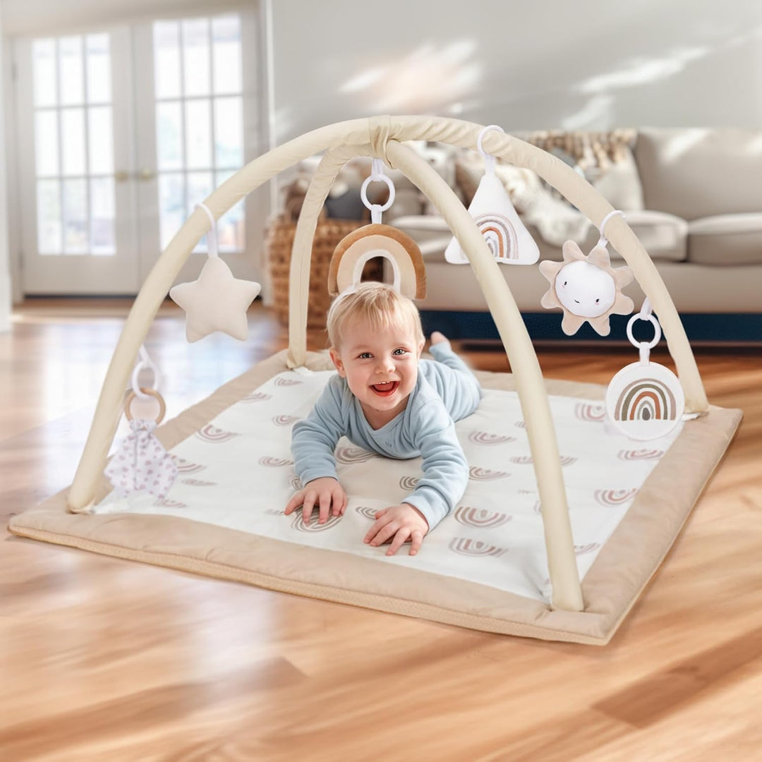 Mallify - Spielmatte für Babys mit Krabbeldecke, 6 abnehmbaren sensorischen Spielzeugen und 12 bunte