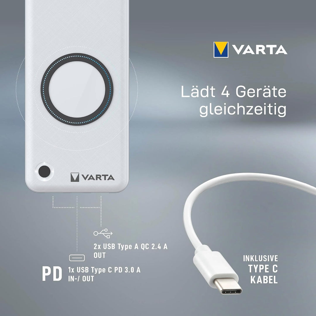 VARTA 2 in 1 Power Bank und Wireless Charger, kabelloses Ladegerät, Powerbank 20000mAh, LED Ladestan