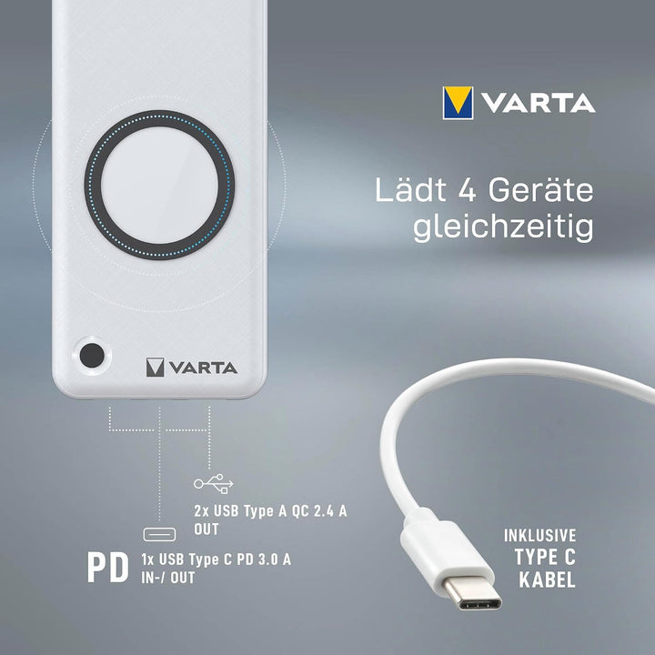 VARTA 2 in 1 Power Bank und Wireless Charger, kabelloses Ladegerät, Powerbank 20000mAh, LED Ladestan
