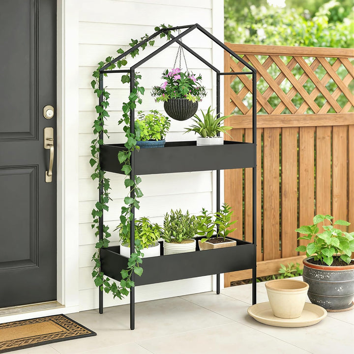 Outsunny 2-Etagen Pflanzenständer in Hausform, 150 cm hoch Blumenständer mit Haken, Metall Pflanzenr